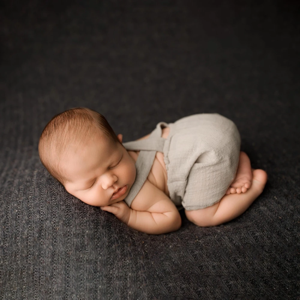 Baby Boy Vintage Newsboy Hat Linen Cotton Romper with Suspenders Newborn Photography Props Outfit