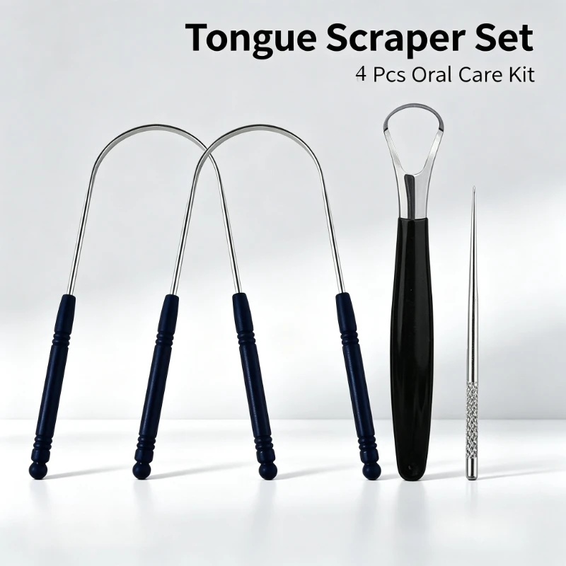 4pcs Stainless Steel Tongue Cleaner Set With Toothpick,Reusable Curved Scraper for Halitosis,Portable Daily Oral Care Supplies