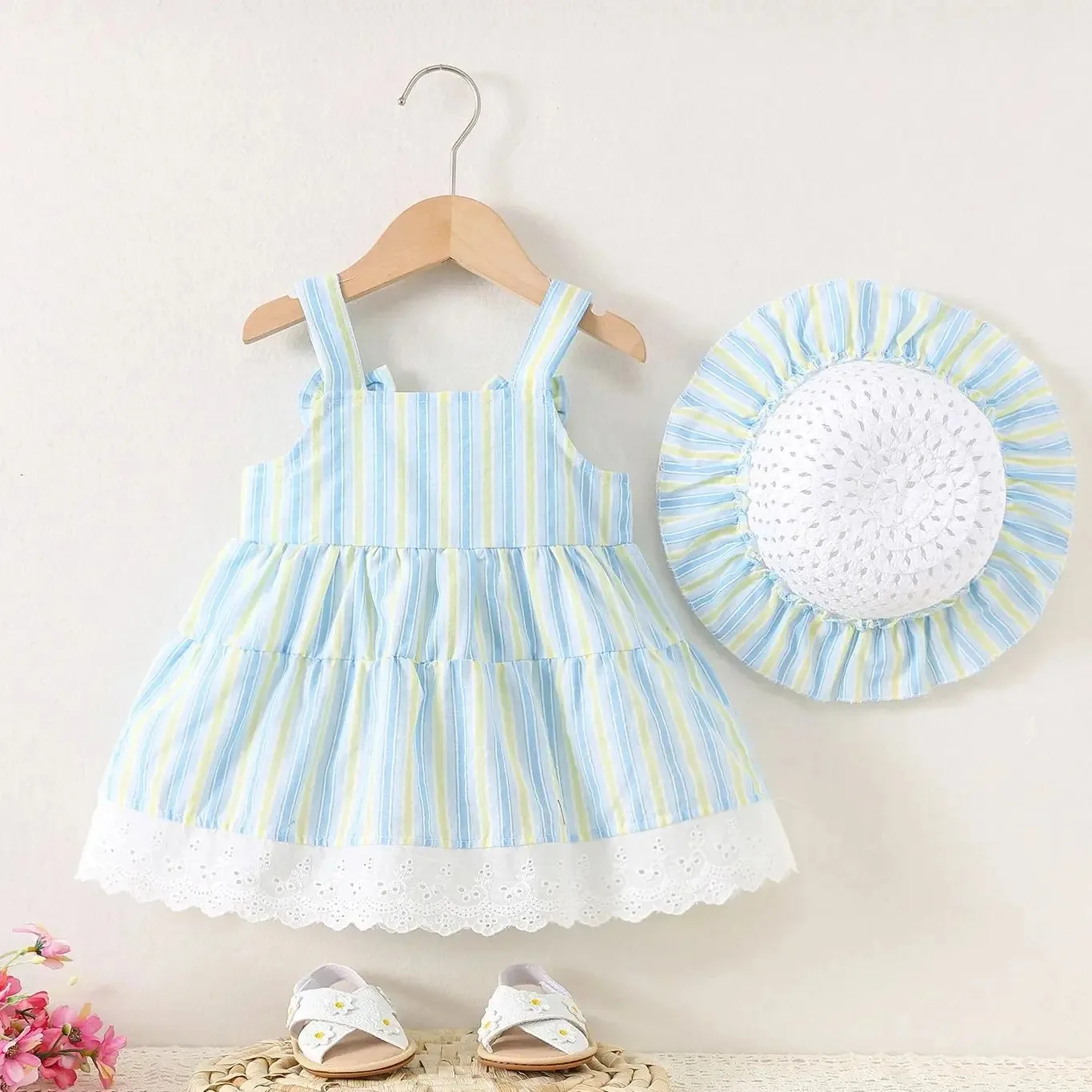 فستان أطفال صيفي بعمر 0-3 سنوات فستان بحمالات للفتيات الصغيرات فستان أنيق مخطط للحفلات فستان الأميرة + قبعة ملابس أطفال