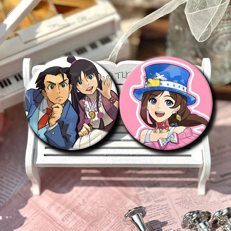 58mm Maya Fey Miles Edgeworth Cartoon Badge Anime Phoenix Wright Ace Attorney Trilogy Brooches Pins for Backpack Accessories