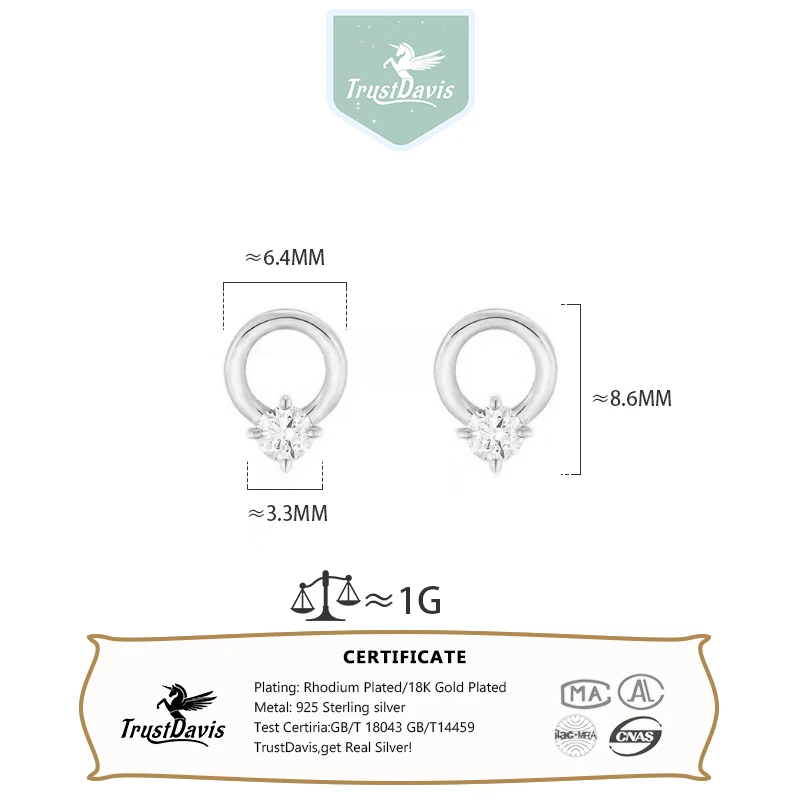 Trustdavis Real 925 Sterling Silver Fashionable and Elegant Circle Zircon Stud Earrings for Women Wedding Fine Jewelry DS4808