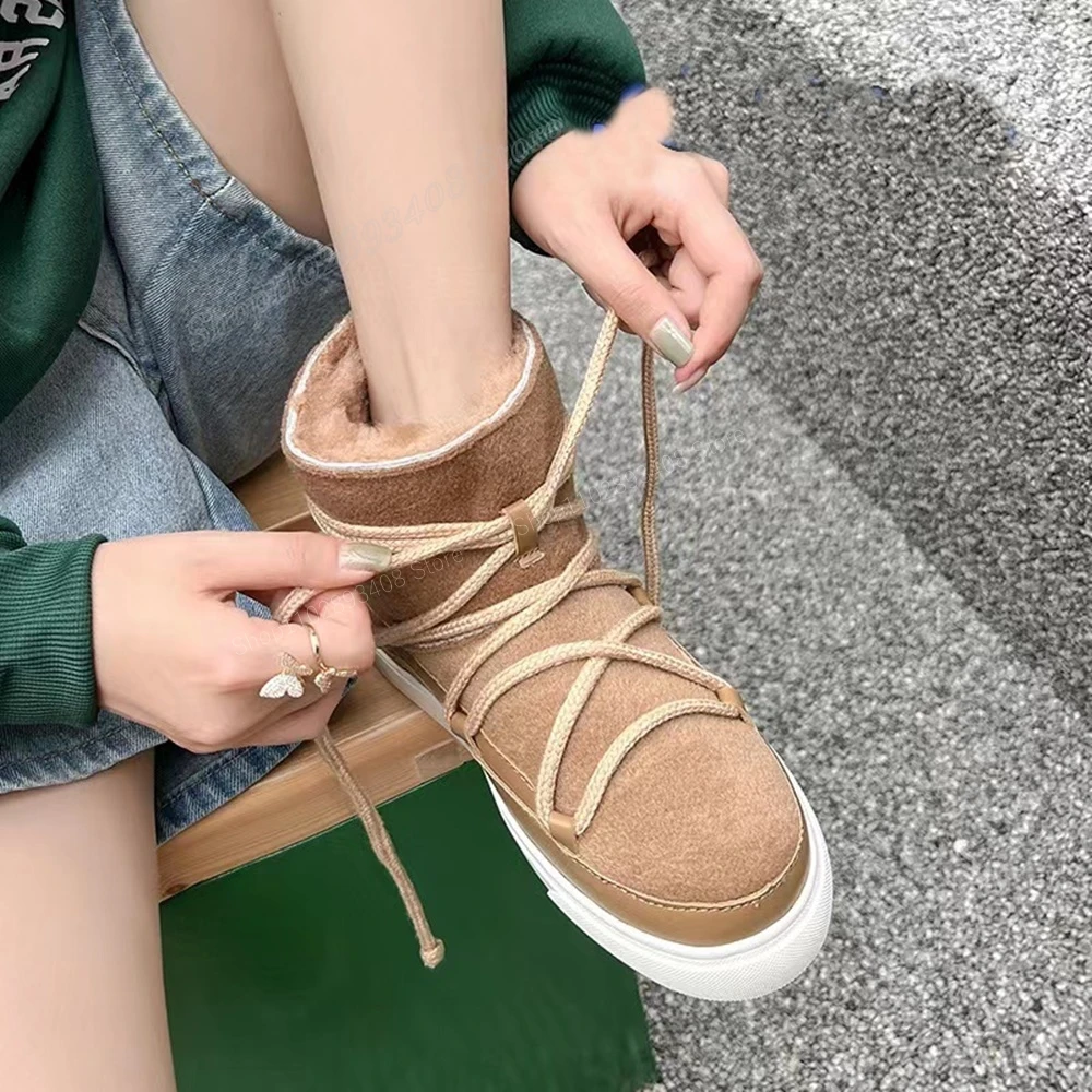 

Khaki Rope Decor Fleece Ankle Boots Strappy Keep Warm Round Toe Flat with Solid Winter Women Shoes 2024 Zapatos Para Mujere