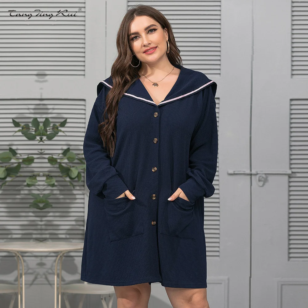 

Plus Size Women Cardigan Jacket Autumn 2023 Fashion Navy Collar Double Pocket Loose Solid Color Long Sleeve Coat Dress Casual