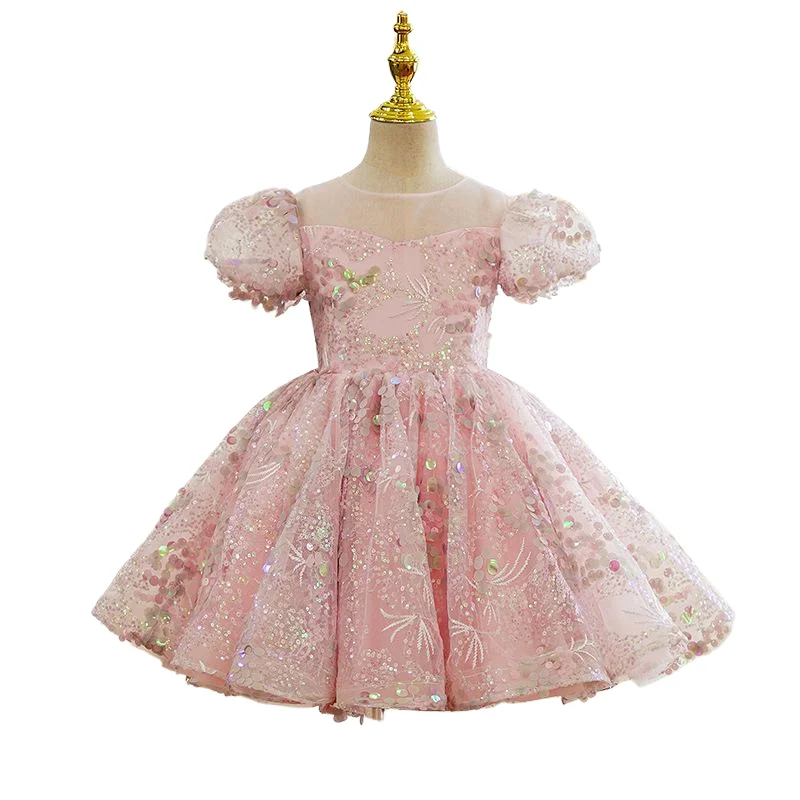 2024 Bubble Sleeves Sequin Girls Dress Pink Sweet Clothing Elegant Evening Girl Dresses Birthday Prom Vestidos for Children Baby