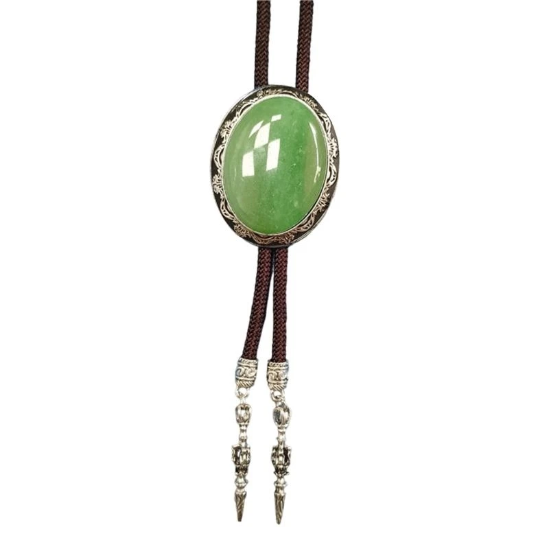 Western Vintage Bolo Tie Necktie Braided Rope Adjustable Necklace with Oval Stone Pendant Jewelry Neckwear Chain