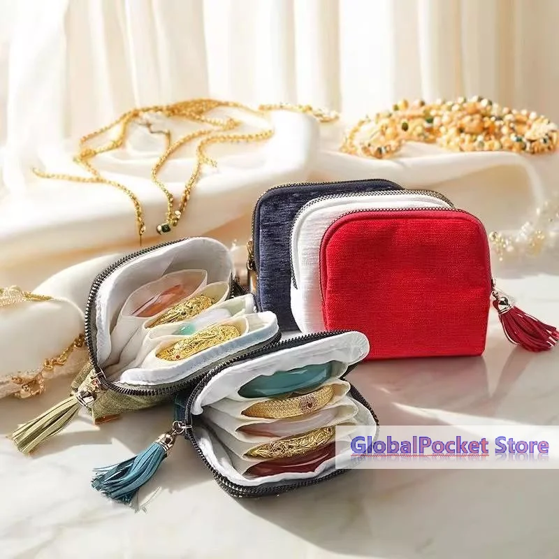 Lightweight Jewelry Storage Bag with Tassel Pendant Multi Layer Lining Portable Ring Necklace Organizer for Vacation