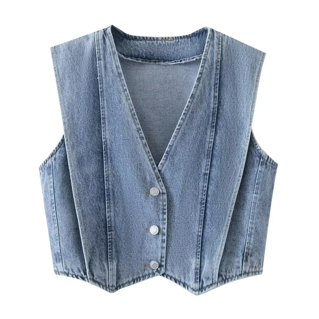 PB & ZA-Women's V-Neck Denim Vest Coat, Vintage Sleeveless Coat, Casual Female Waistcoat, Chic Tops, New Fashion, 2024 Autumn