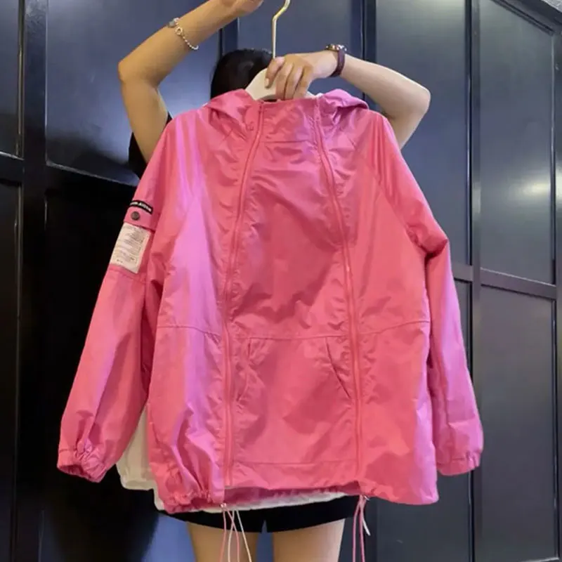 

Elegant Pink Casual Women's Jacket Spring Autumn New Style Japanese Style Windbreaker Trendy Sweatshirt Zipper Loose Fit