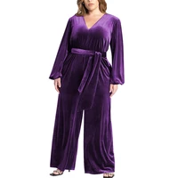 Plus Size Women V Neck Long Sleeve Slim Fit Jumpsuits Velvet Elegance Casual One Piece Catsuit Solid Vintage Party Club Rompers - Image 5