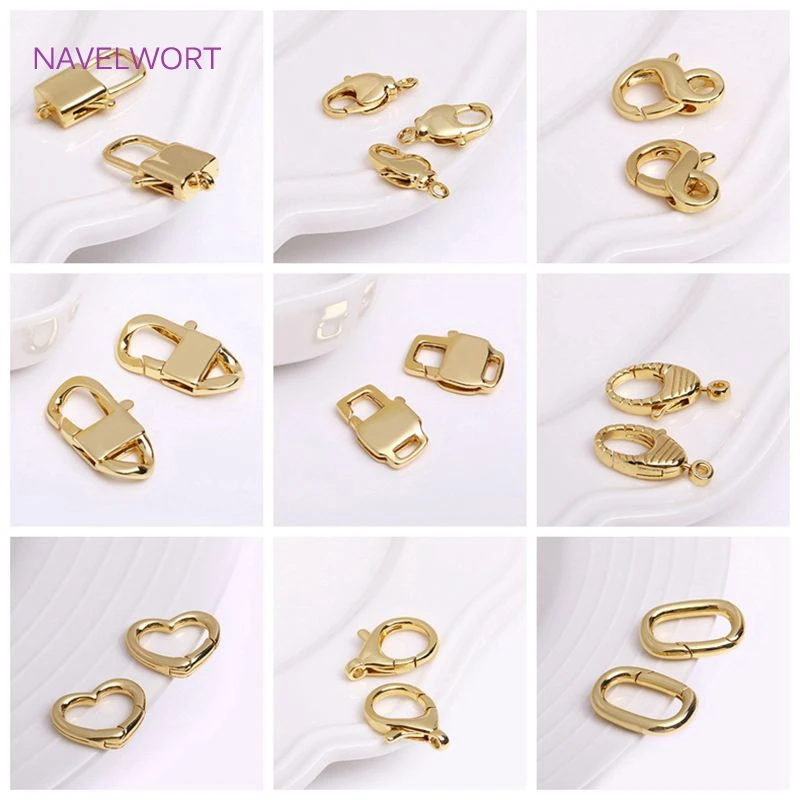 Trendy 18K Gold Plated Brass Heart/Oval Push Clasp Carabiner Spring Clasps For DIY Handmade Jewelry Making Accessories