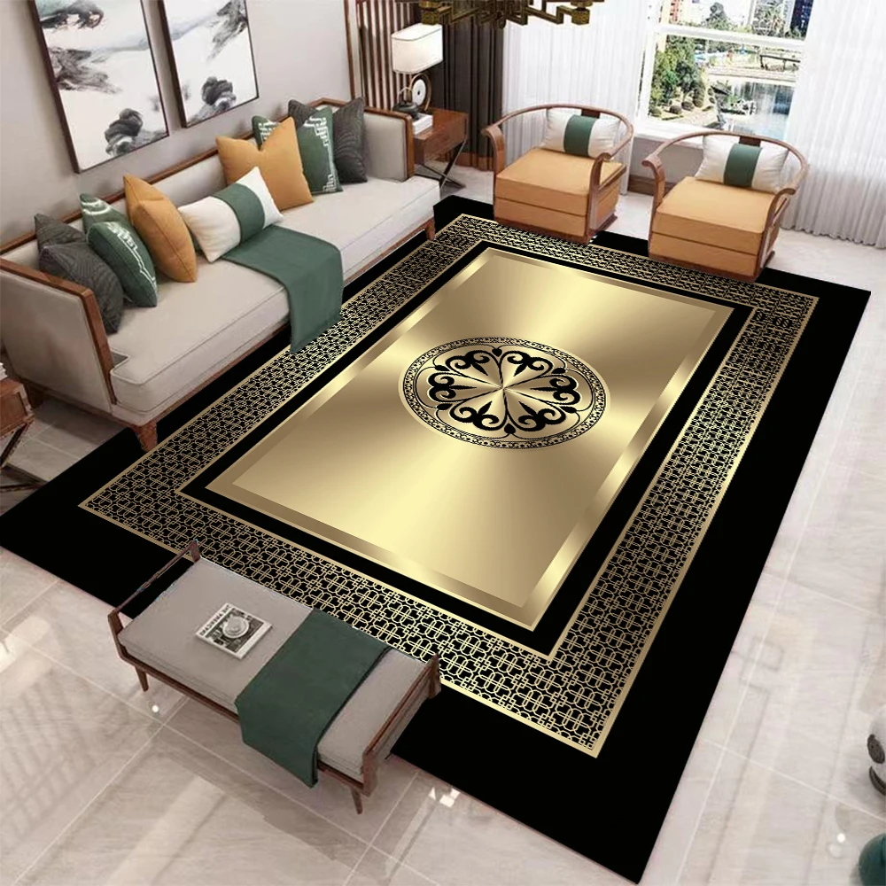 Luxury Black & Gold Medallion Rug Geometric Border NonSlip Easy Clean Elegant Decor Carpet for Living Room Dining & Formal Space