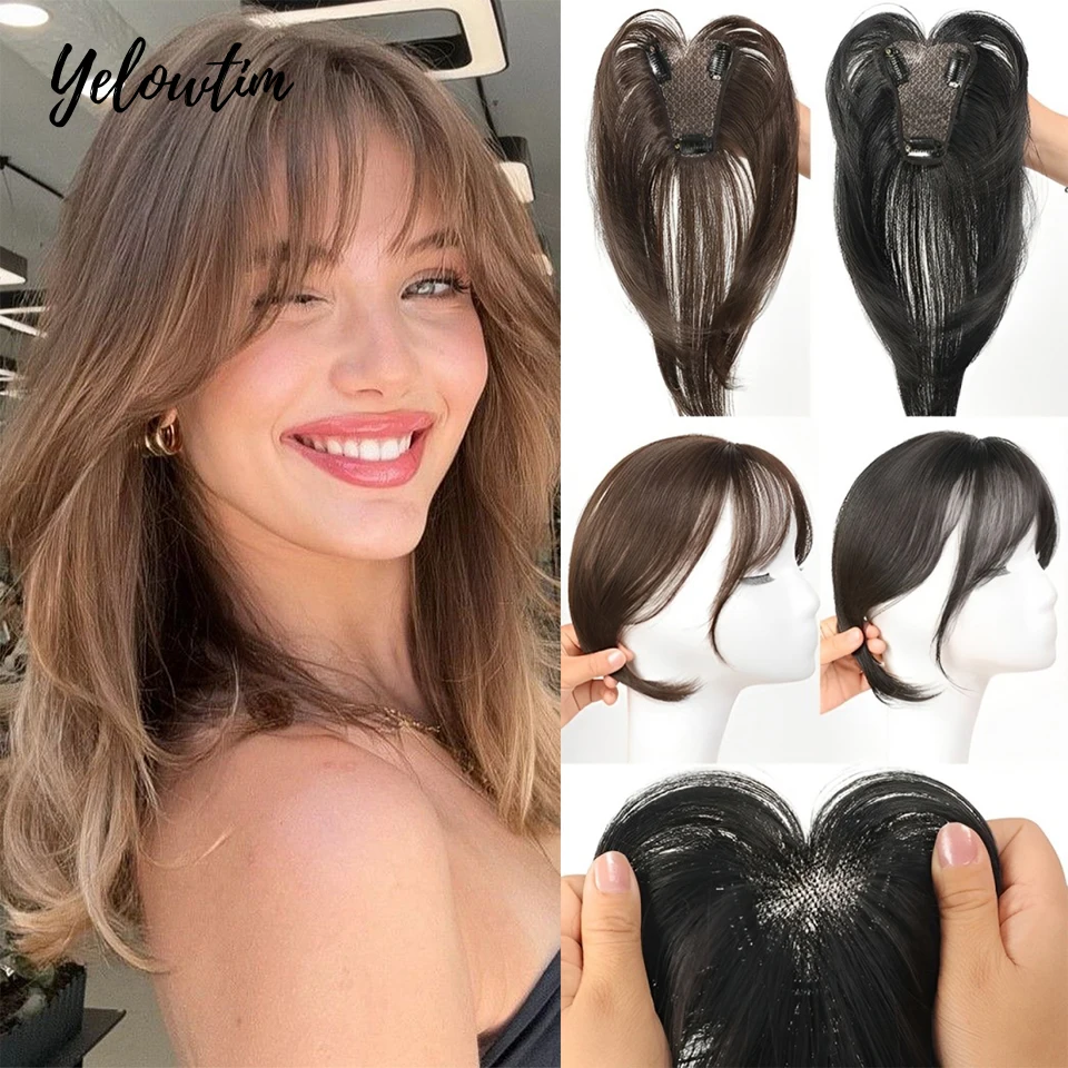 

Yelowtim Synthetic Topper Hairpiece False Bang Natural Fake Fringe Invisible Clourse Hairpiece Clip-In Bangs Extension for Women