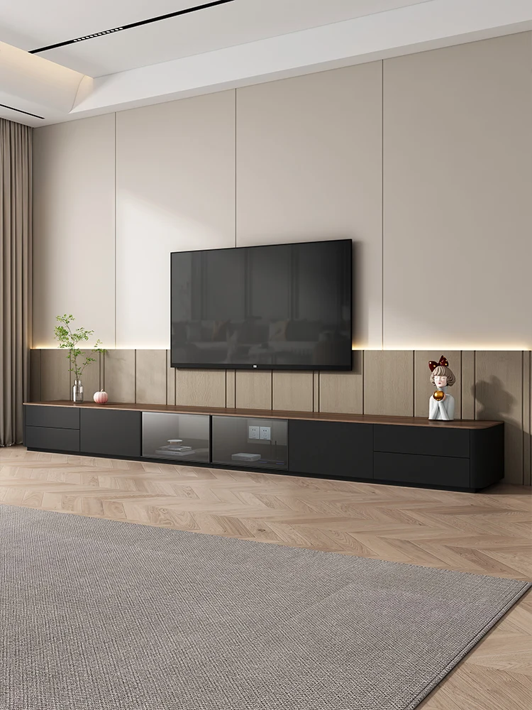 Solid wood TV cabinet coffee table combination new second-hand floor-to-ceiling cabinet small apartment black rounded glass