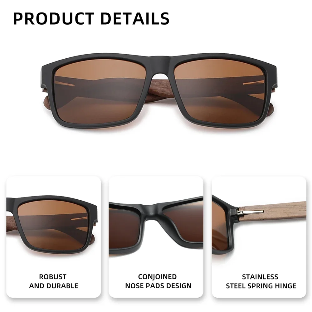نظارات واقية خشبية عصرية من RBsuuny UV400 مستقطبة مضادة للوهج للقيادة في الهواء الطلق بإطار مربع نظارات عصرية #5