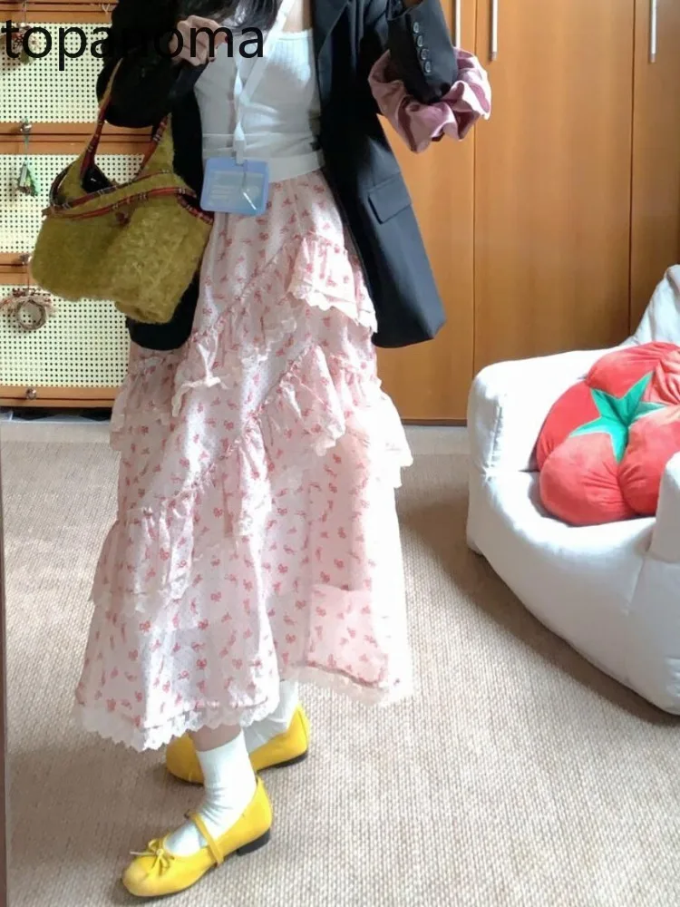 

Topanoma Irregular Skirts Women Floral Printed Summer 2025 Fashion Ruffles High Waist Vintage Loose Elegant Long Skirt Ladies