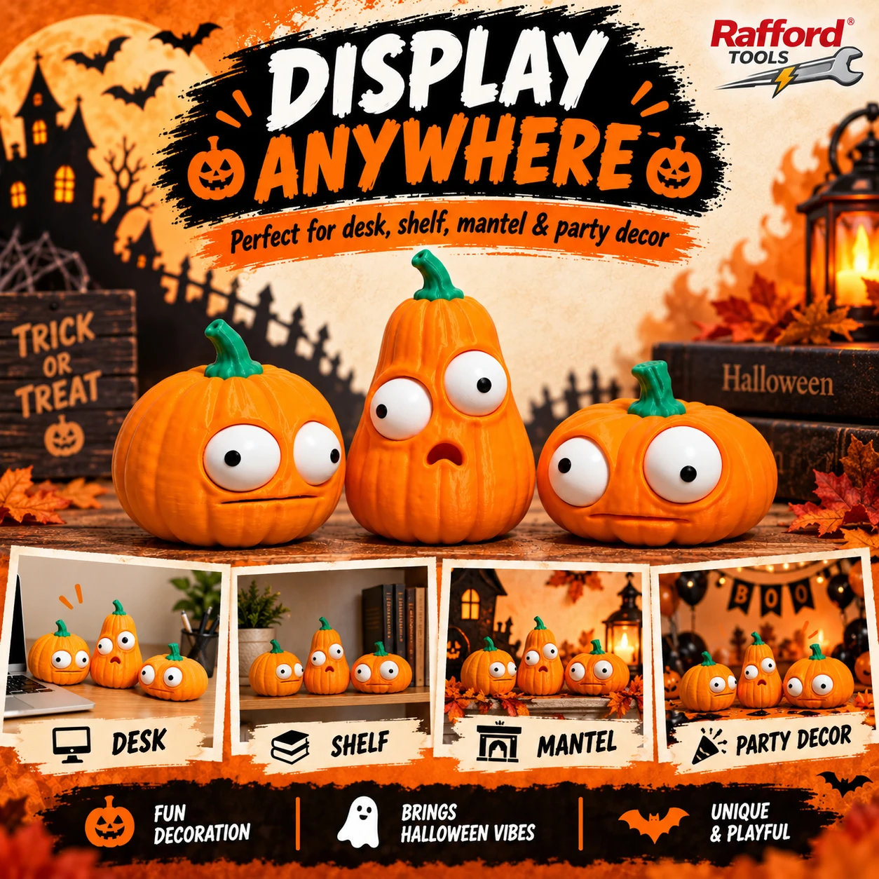 Rafford 3-teiliges Set Lustige Halloween-Kürbisfiguren mit Beweglichen Augen, Niedliche Kürbis-Dekorationen für Schreibtisch, Regal, Party und Heimdekoration – Detail 5