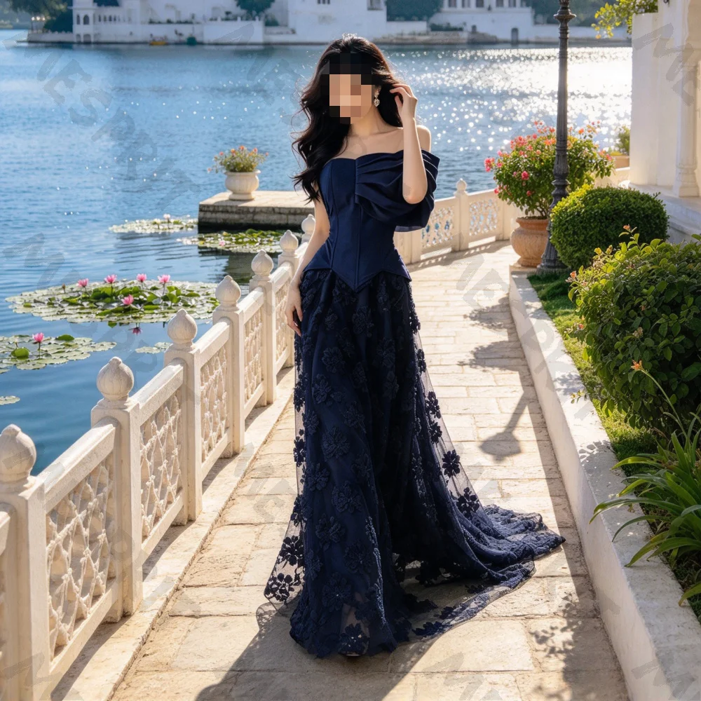Customized Off Shoulder Single Sleeve Tight Corset Evening Gown with Lace Blue Floral Trailing Long Skirt Suitable for Beach