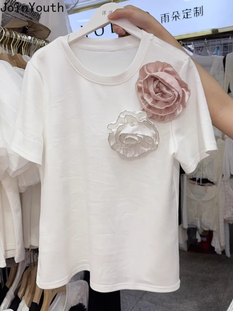 Camiseta feminina branca de manga curta com decote em O, tops grandes, floral 3D diamante, casual Y2k, chique, coreana, verão