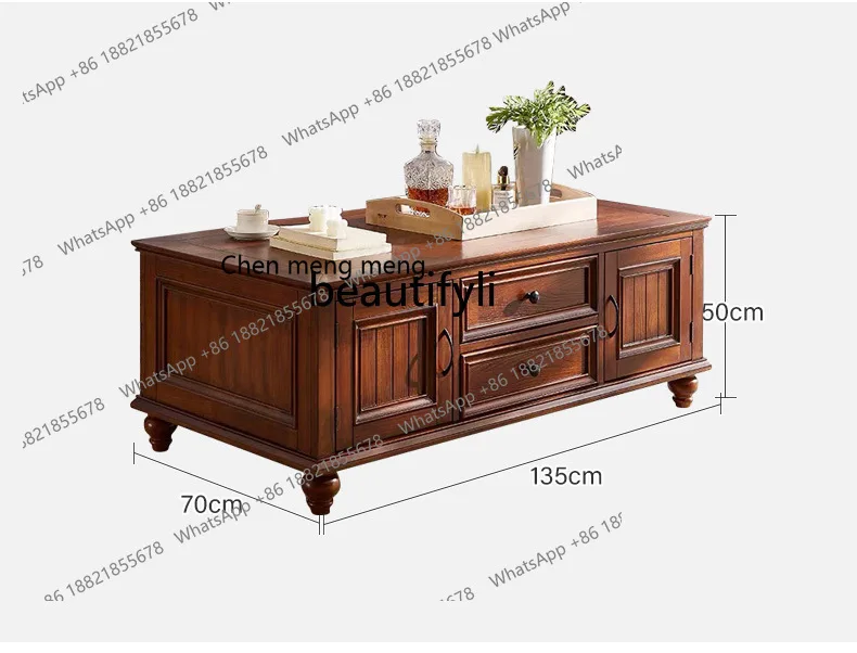 X  White toon wood, all solid wood coffee table, living room storage rectangular tea table small apartment