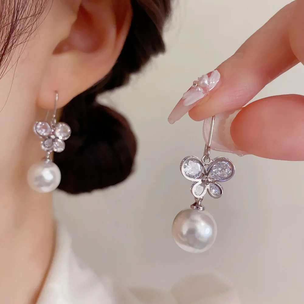 Graceful Butterfly Dangle Earrings Dainty Shimmering Wing Luster Bead Pendant Ear Drop Subtle Glamour Gift For Her
