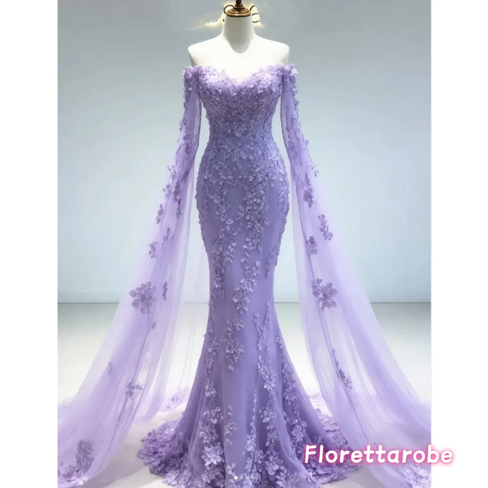 

Дизайнерское вечернее платье на заказ, лавандовое, без бретелек, с открытыми плечами, фасон «русалка», с аппликациями и цветами, для женщин, для свадьбы и вечеринок