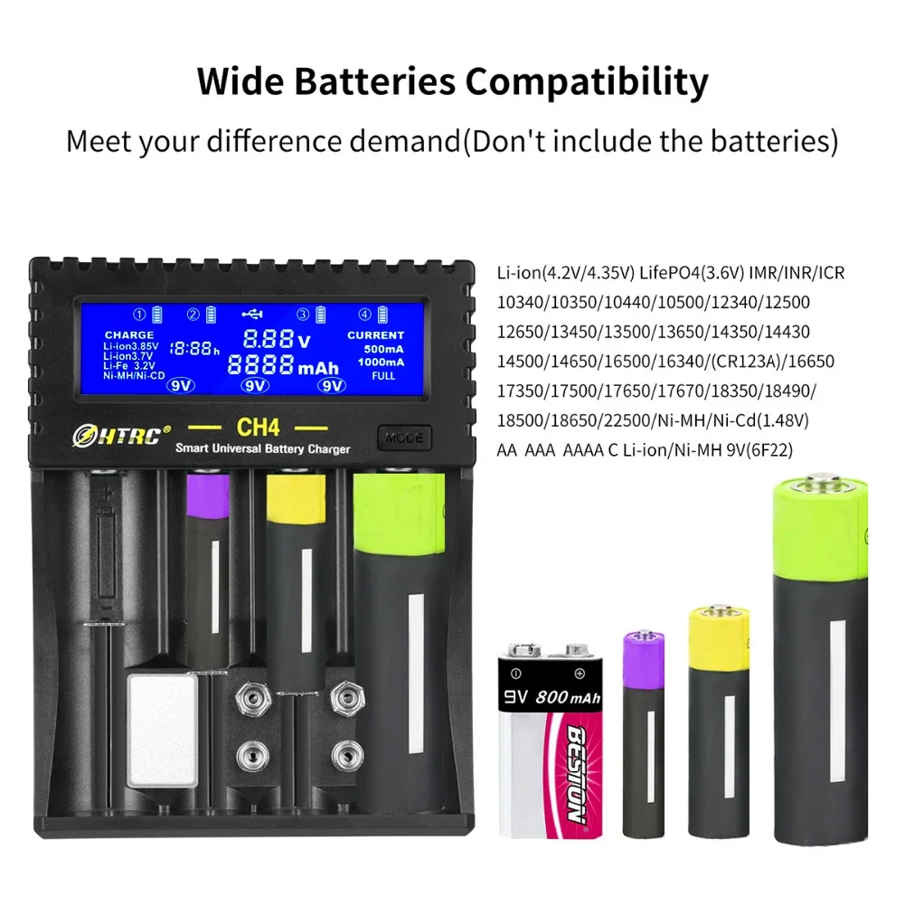 HTRC AA AAA 18650 Battery Charger LCD Display 4 Slots Smart Charger for Li-Fe Ni-MH Ni-CD 26650 6F22 16340 9V Batteries