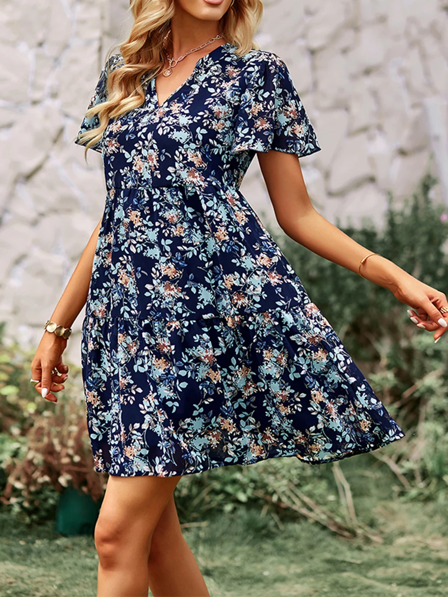 

Miolasay Women Summer Chiffon Dress Short Sleeve V-Neck Bohemian Floral Dress Casual Ruched Flowy A-Line Sundress Streetwear