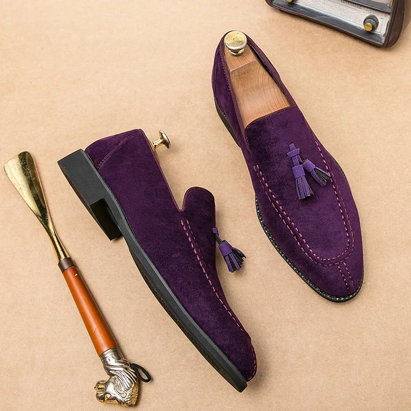 Brand Design Men Suede Leather Shoes Moccasins Purple Tassel Pointed Men's Loafers Vintage Slip-on Casual Men Social Dress Shoe