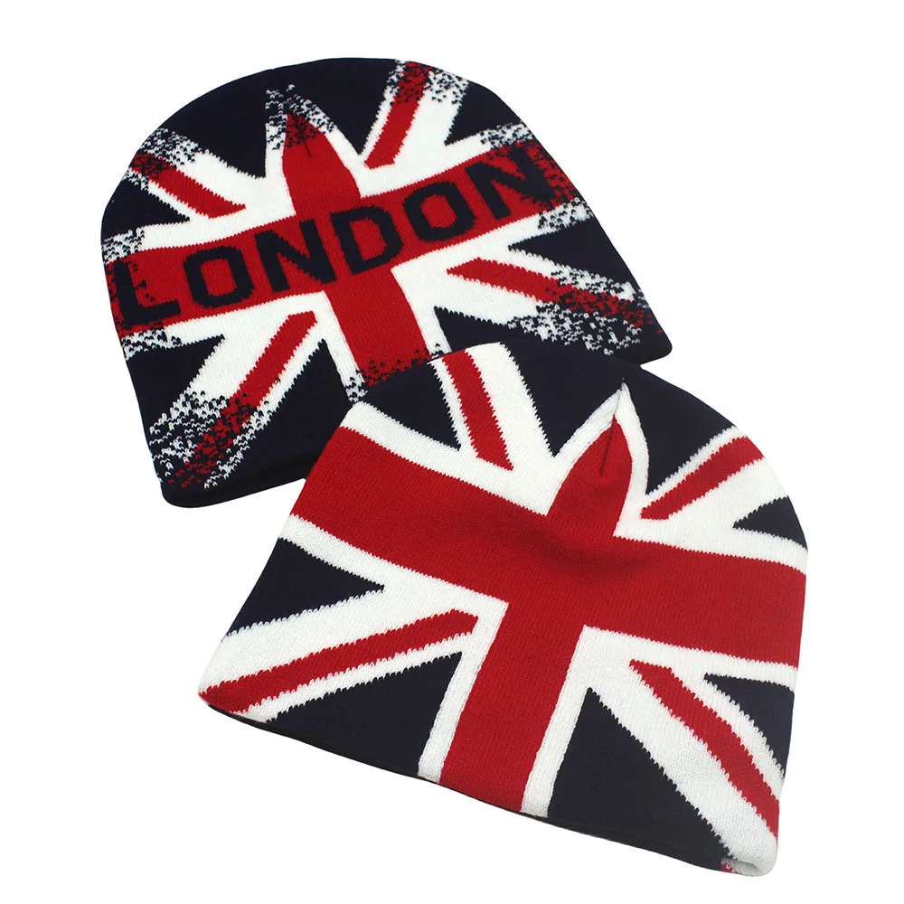 Trendy Knit Hat With Union Jack Print Style Outdoor Sports Thermal Beanie Cap Windproof Warm Headwear Unisex Winter