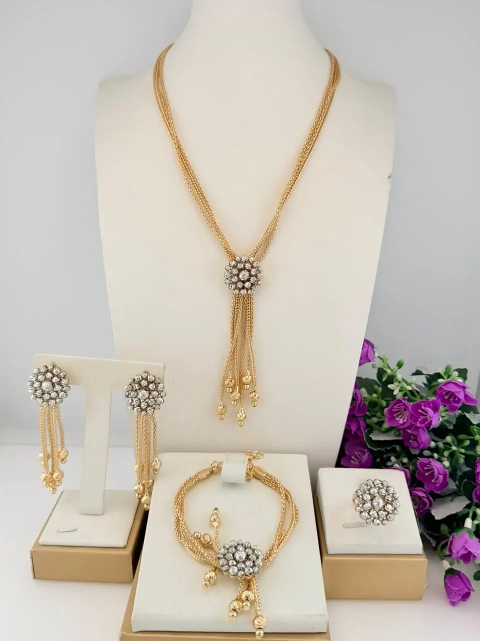 Trendy Three Tone Beads Jewelry Set Long Chains Popular Textured Necklace Bracelet Earrings Ring 4PC Jewellery for Wedding Party