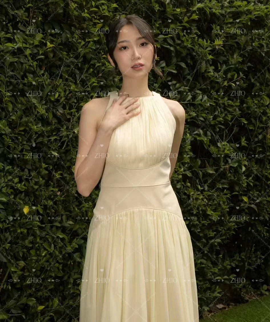 ZHIO فستان سهرة بسيط ليموني فاتح رسن بدون أكمام طول الكاحل الأورجانزا فساتين حفلات الزفاف فستان حفلات رسمي مخصص