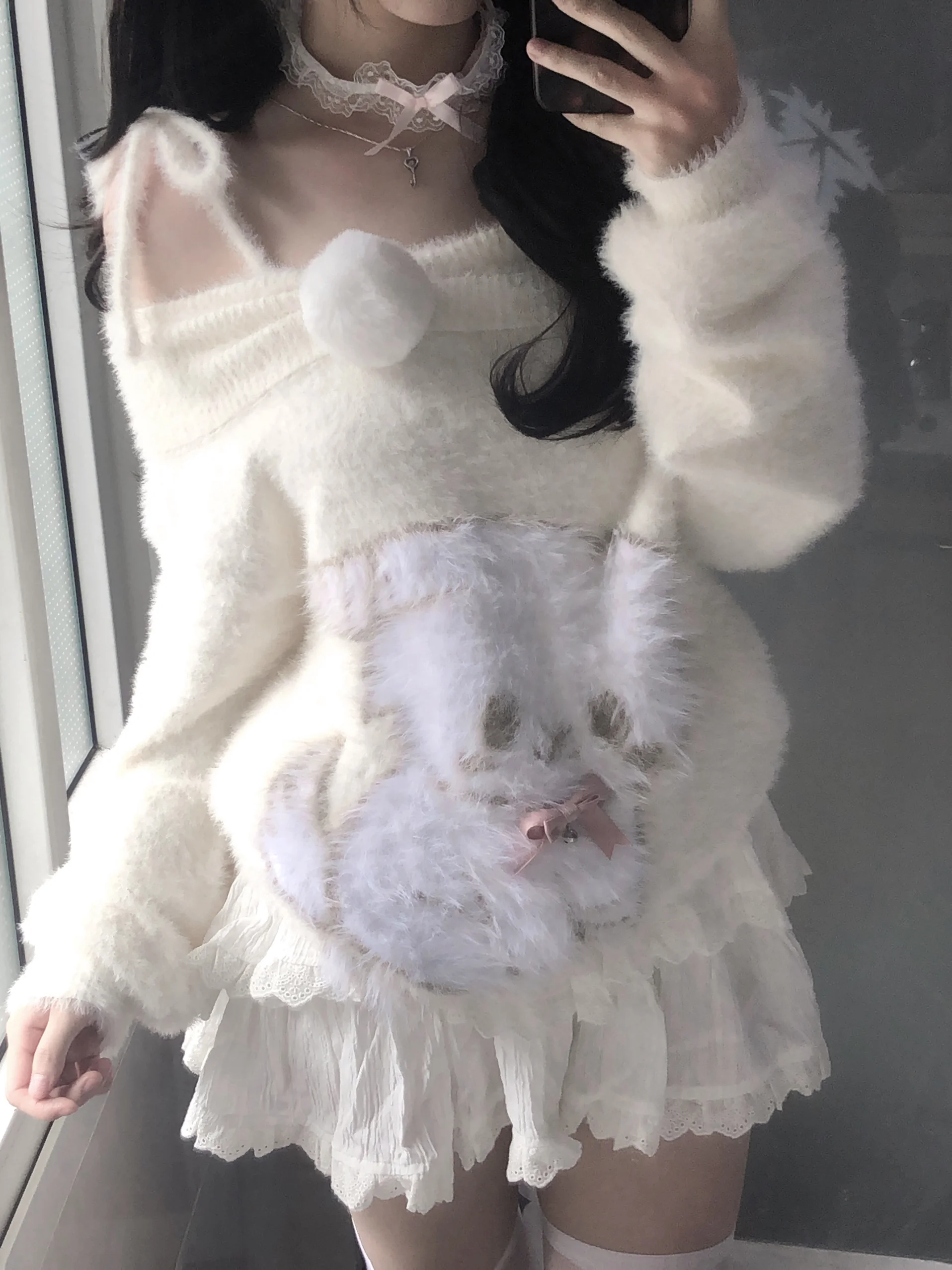 Off Shoulder Sweater Cute Dog Bell Fluffy Soft Lace Up White Hairball Long Sleeve Loose Pullovers Cartoon Print Girls Tops