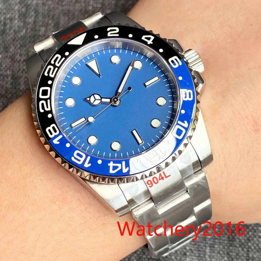 

40mm Bliger Blue Dial Black Red Ceramic Bezel NH35A PT5000 Movement Model Mens Watch Sapphire Glass Luminous luminous hands