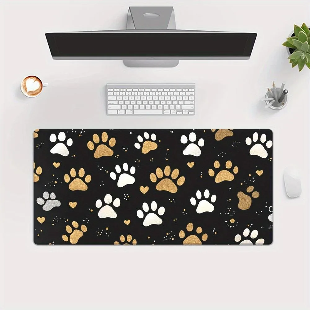 Tapis de souris antidérapant avec empreintes de pattes mignonnes, design empreintes de pattes noir et or, décoration de style optimiste pour setup gamer, tapis de jeu