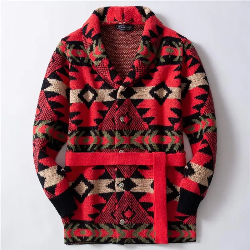 

Мужской утепленный свитер-пальто из плотного трикотажа в стиле ретро, американский стиль, осень-зима, длинный, красный, прямого кроя, модный городской стиль