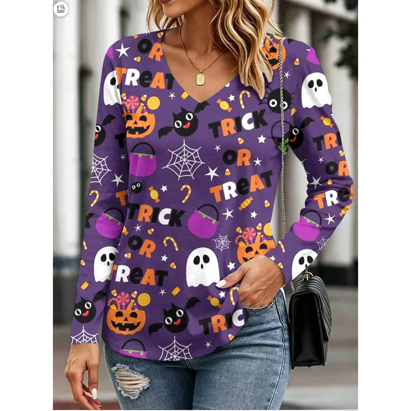 New Halloween women's printedclothingVCollar Long SleeveTShirts and tops are everyday loose-fitting and versatile clothing items