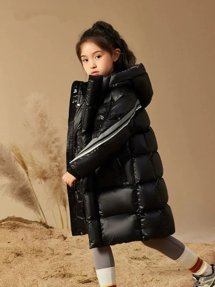 High-End-Down-Mantel für Kinder, lange Kapuzen-Oberbekleidung, Winter, für Jungen und Mädchen, winddicht, wasserdicht, warm, Daunenjacke A4162 – Detail 4