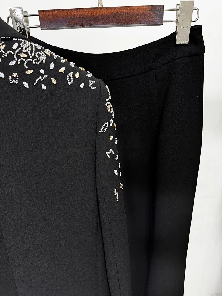 HIGH STREET-traje de diseñador para mujer, traje de diseñador con cuentas de diamantes, cuello tipo chal, chaqueta con doble botonadura, conjunto de pantalones, 2 piezas, novedad de 2025