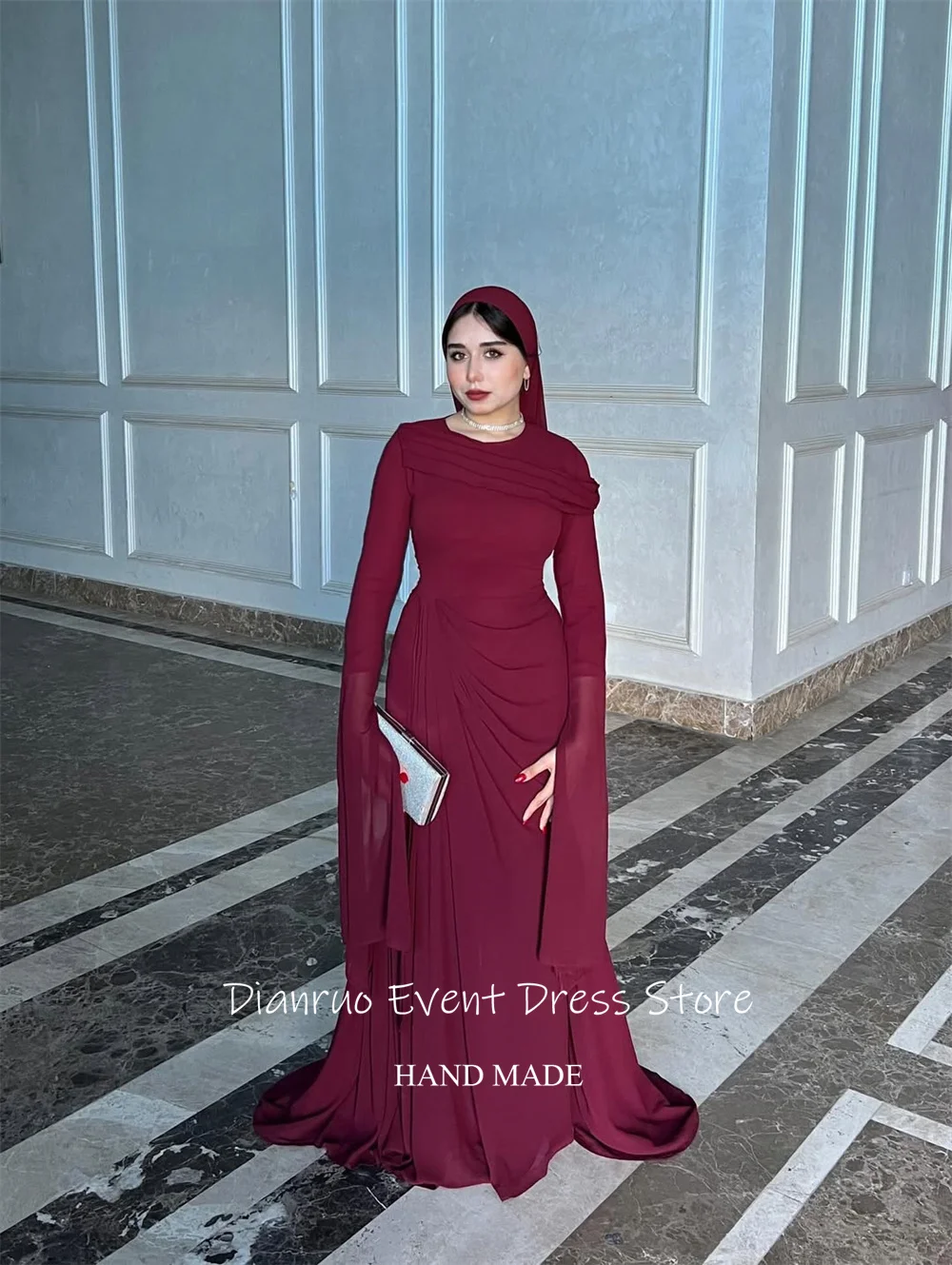 Dianruo Burgund O-ansatz Abendkleid Falten Meerjungfrau Abendkleid Modest Bodenlangen Muslimischen Chiffon Hochzeit Party Kleid Angepasst