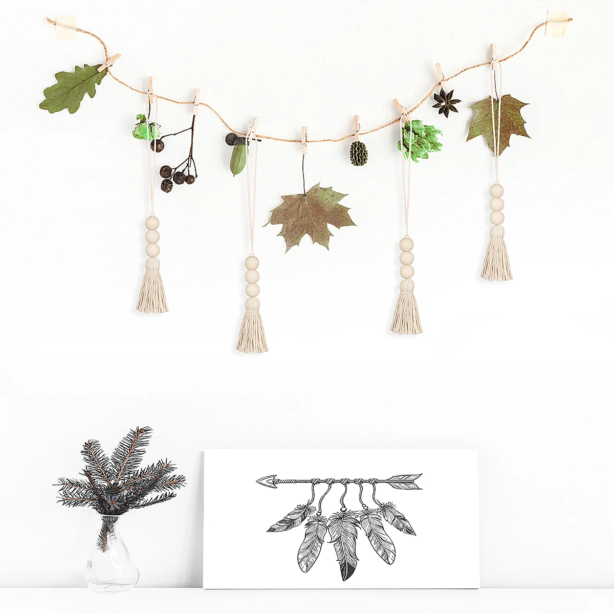 

4pcs Wooden Bead Decoration Cotton Tassel Hanging Ornaments Natural Wood Beads Bohemian Country Style Handmade Decor