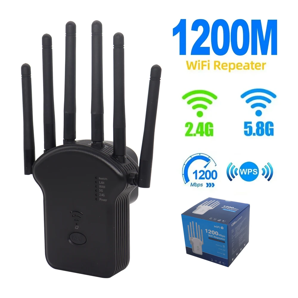 Repetidor WiFi de 1200Mbps, amplificador inalámbrico de doble banda, amplificador de señal de largo alcance de red de 2,4G y 5GHz para repetidor Wi-Fi de oficina en casa