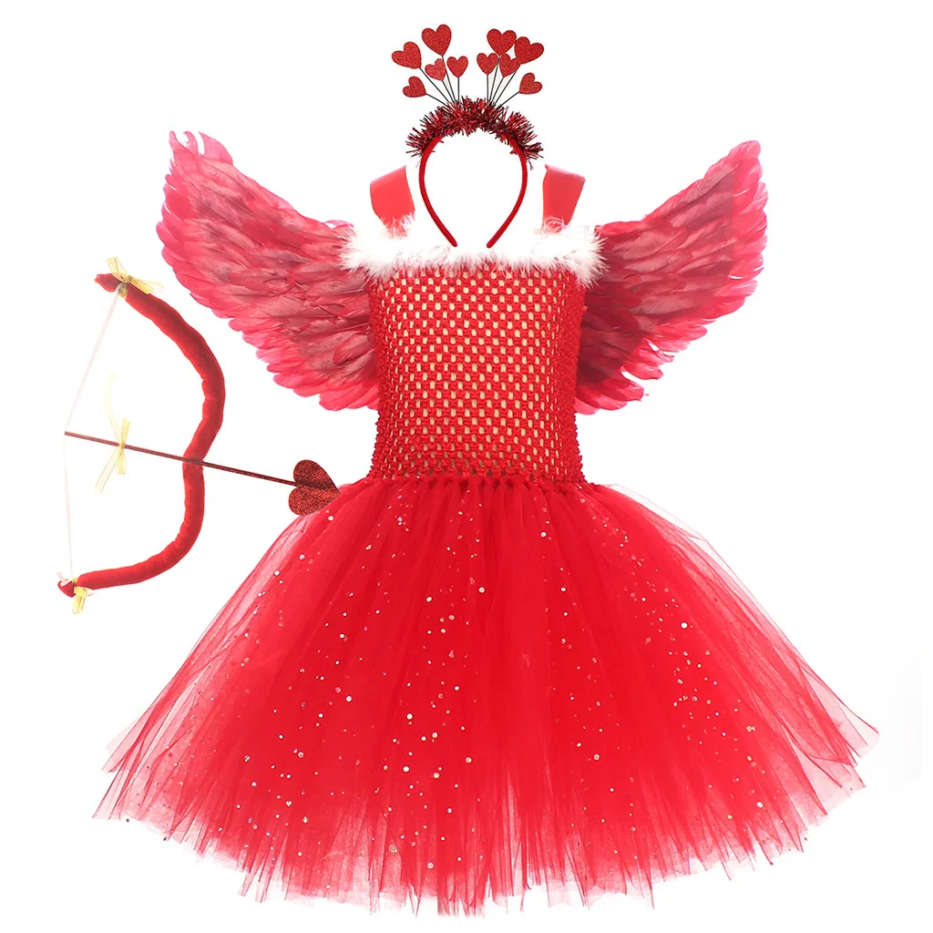 Devil and Angel Dual Costume for Girls Halloween Tutu Dress with Wing Headband Kids Naughty & Nice Carnival Party Cosplay Outfit