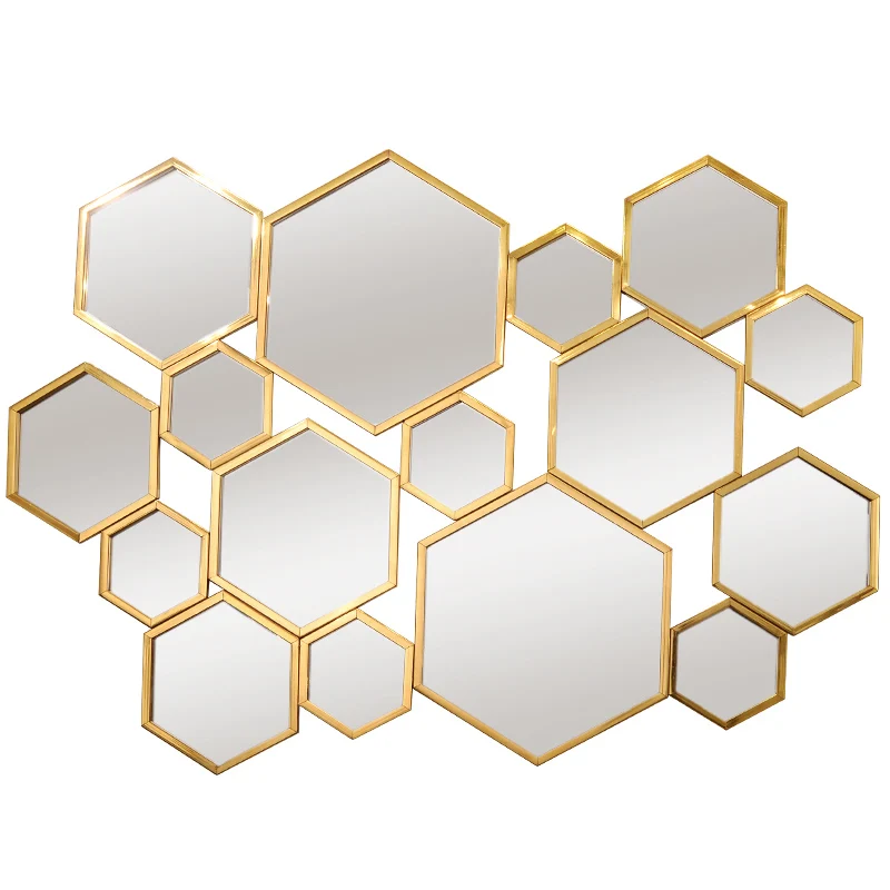 Stickers Pendant Wall Decor Mirror Glass Hexagon Large Living Room Mirror Gold Irregular Aesthetic Decoration Maison Home Decor