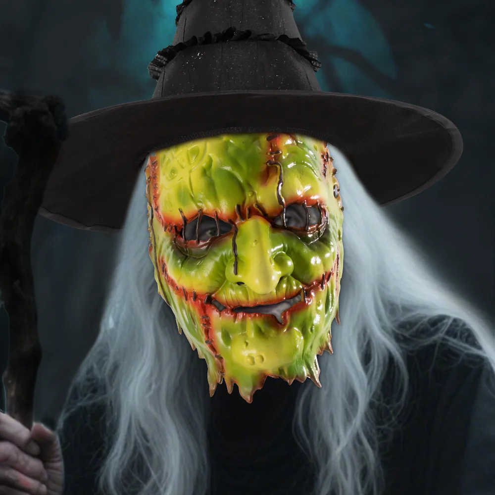 

Women Halloween 2025 Terror Green Monster Dark Forest Witch Blood Scar Mask Facepiece Masquerade Cosplay