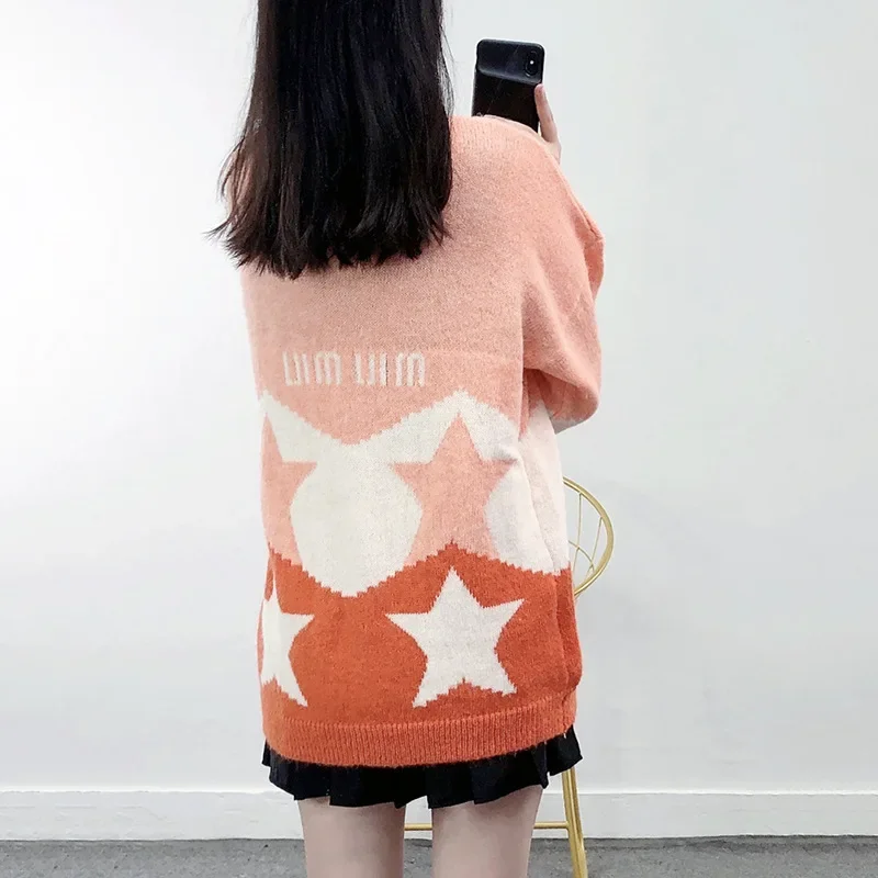 Long Knitted Cardigan Sweater for Women, Contrast Color, Five-Pointed Star, Knitted Coat, Knitwear,Autumn and Winter