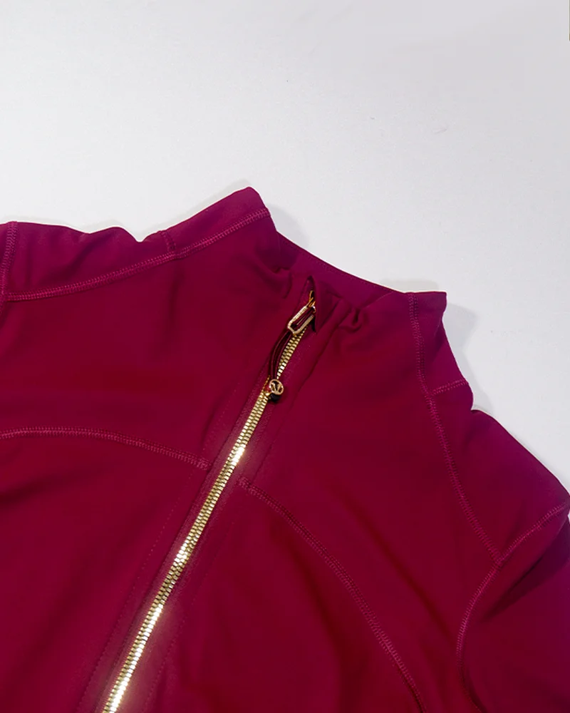 Neue Damen Slim Fit Sportjacke mit Goldreißverschluss, atmungsaktiv, schnelltrocknend, Stehkragen-Stil, Daumenloch-Design, Sportjacke – Detail 27