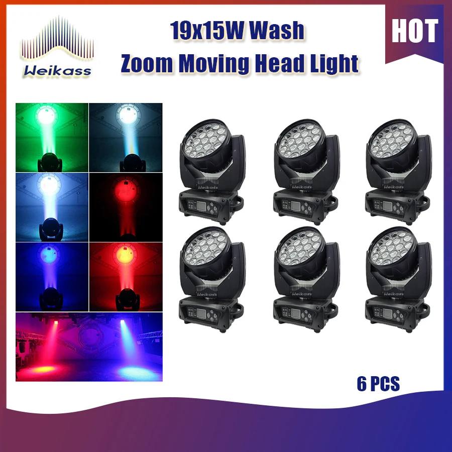 

0 налог, 6 шт., Zoom Lyre Wash Dmx 19X15W, светодиодный светильник с изменяемой головкой Rgbw, строгий прожектор для диджея, ночного клуба, дискотеки