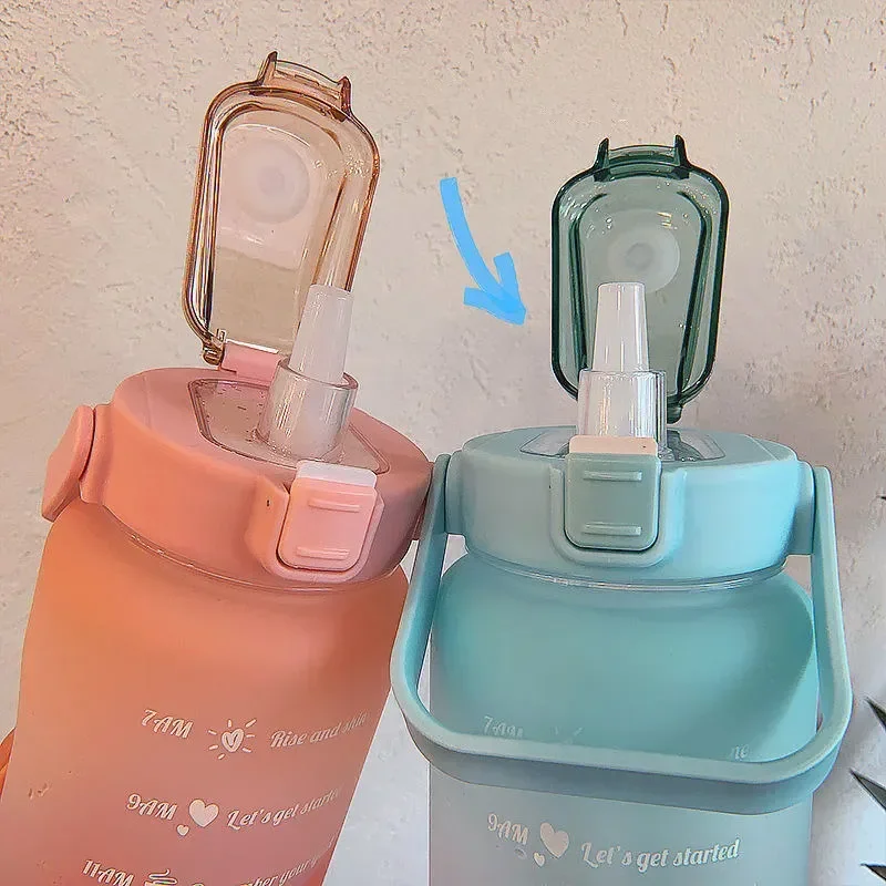 2 Liter Water Bottle with Straw Female Girls Large Portable Travel Bottles Sports Fitness Cup Summer Cold Water with Time Scale