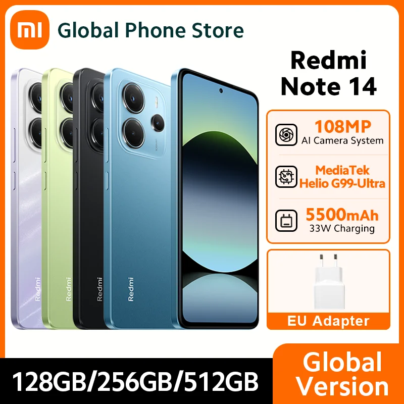 الإصدار العالمي الجديد لهاتف Xiaomi Redmi Note 14 4G الذكي 128GB / 256GB ROM 33W 5500mAh MTK Helio G99-Ultra 120 هرتز AMOLED 108MP