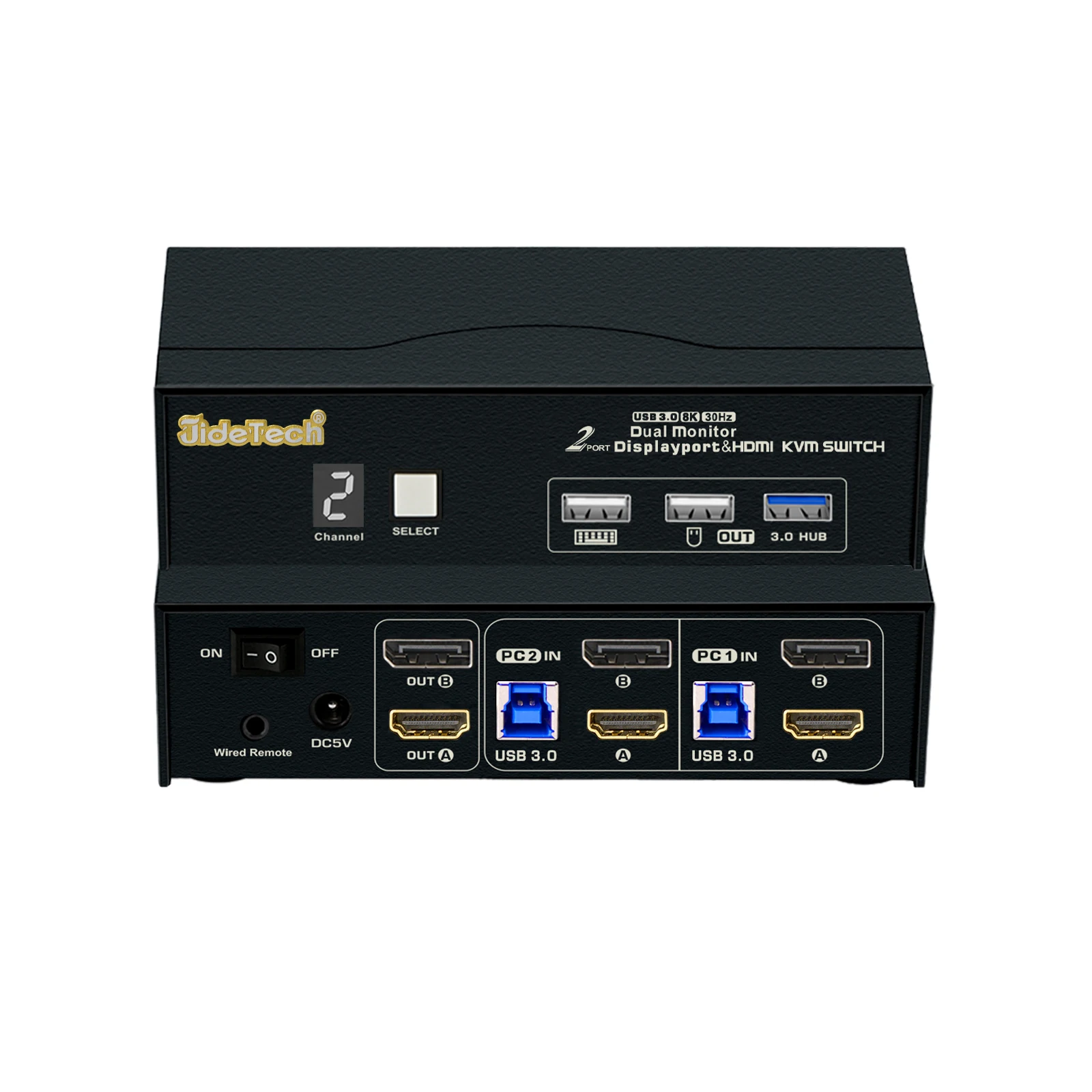 지데테크 2대 컴퓨터 2대 모니터 USB 3.0 KVM 스위치 8K@30Hz 2포트 듀얼 모니터 KVM 디지털 디스플레이, 케이블 및 유선 리모컨 포함